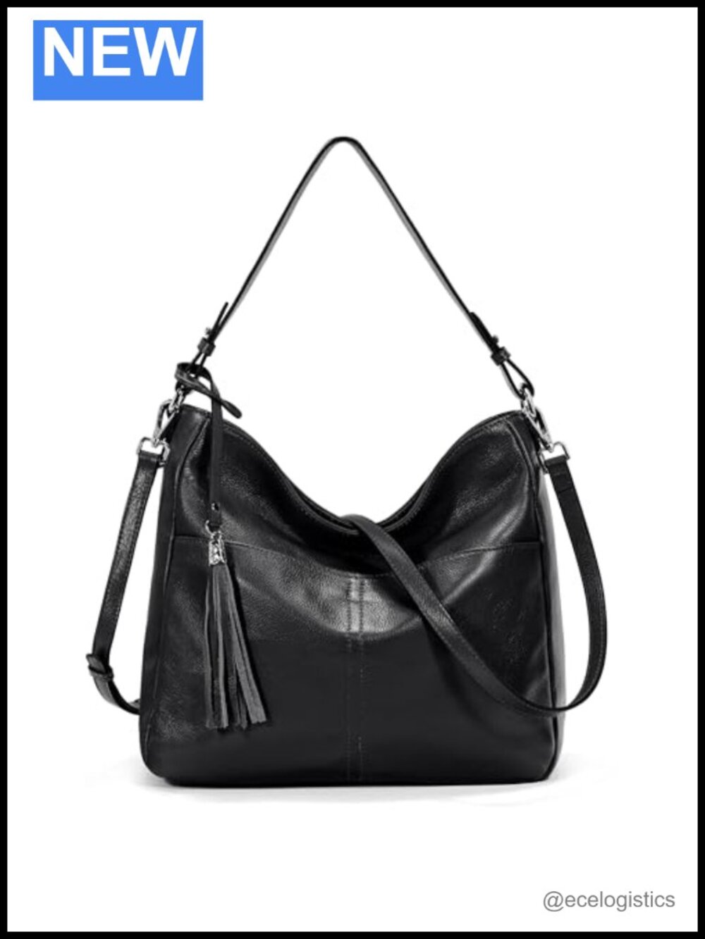 Genuine Leather Hobo Handbag with Tassel, Removable Straps, Crossbody Option